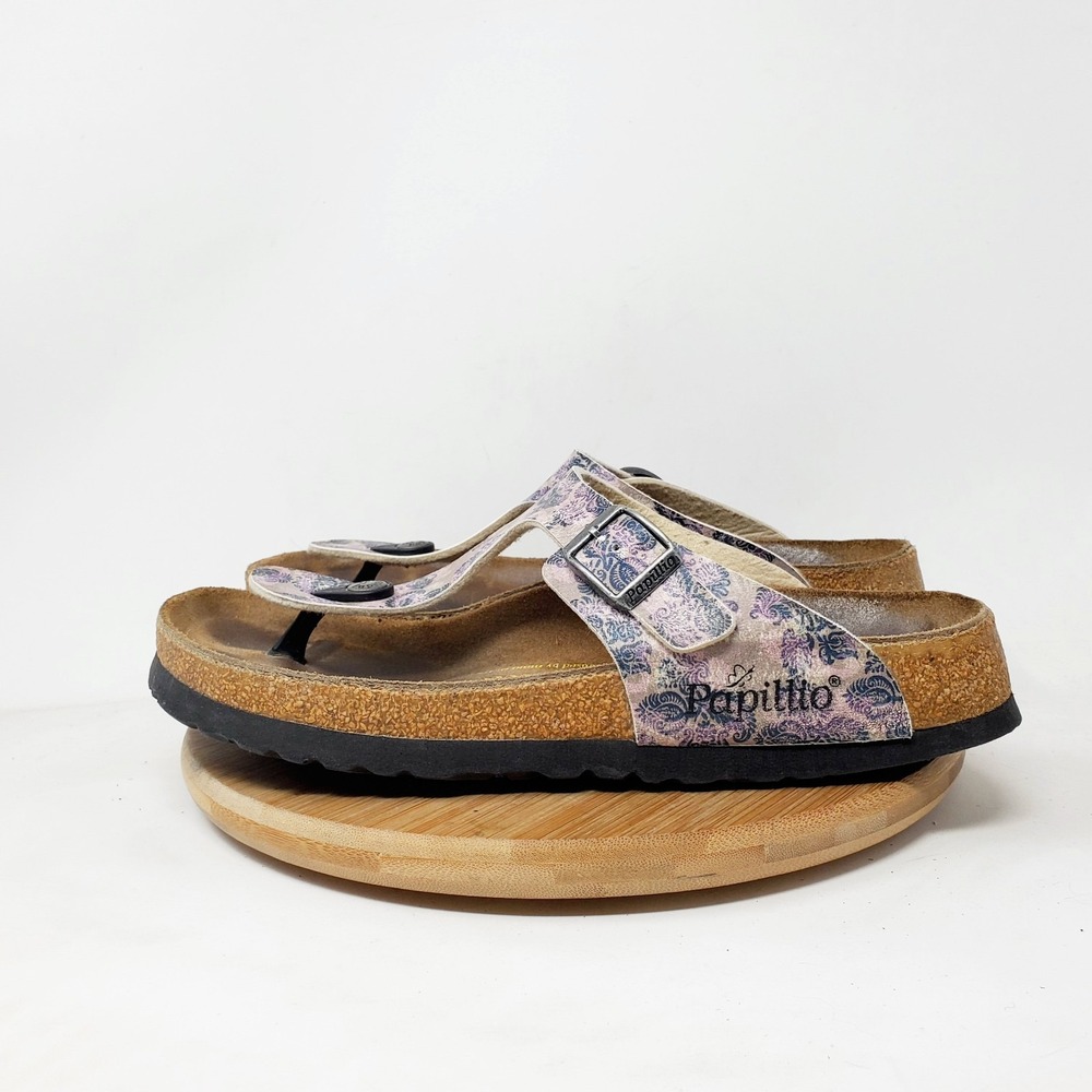 Papillio Gizeh Sandals 38 Womens 7 Pink Blue Floral Thong Buckle Straps WORN